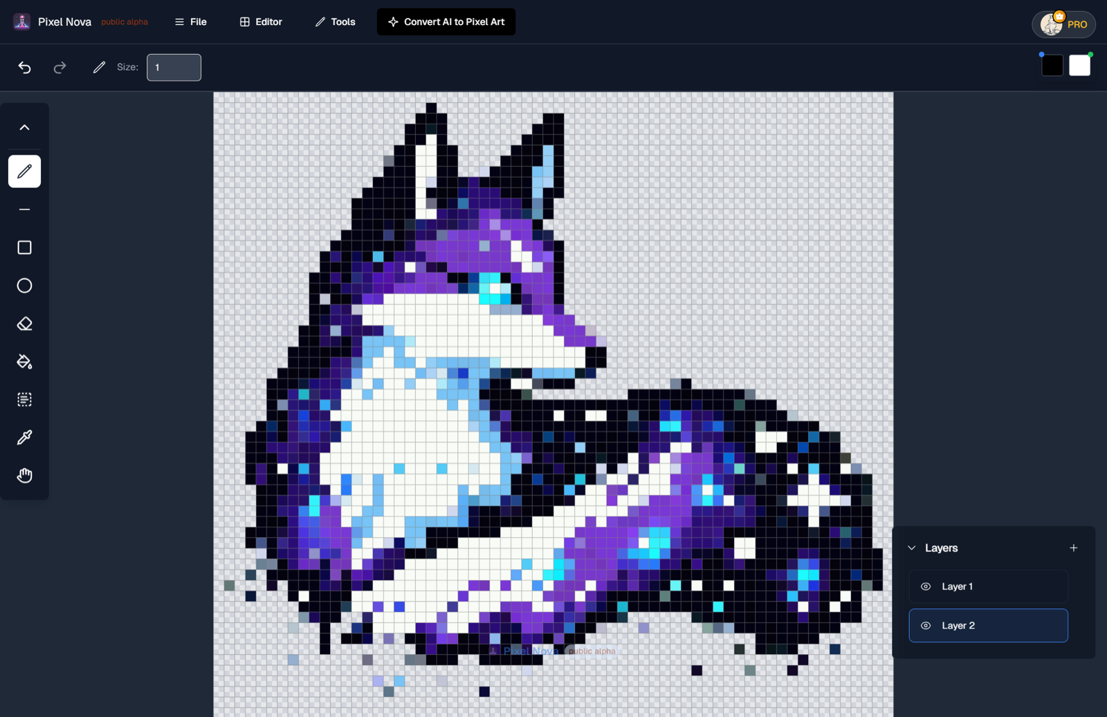 The Pixel Nova Studio editor: a wolf sprite on the canvas, the tool palette on the left, and the layer stack on the right